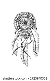 Dreamcatcher hand-drawn illustration. Mandala style. Ancient talisman
