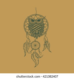 Dream-catcher handdrawn outline vector illustration with owl 