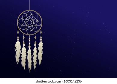 Dreamcatcher hanging starry night sky in the background. Isolated dreamcatcher illustration. EPS 10.