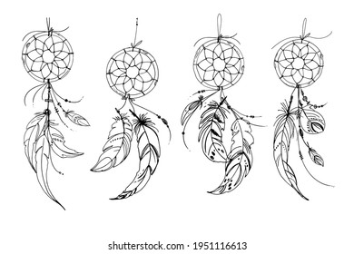 Dreamcatcher hippie decoration tattoo vector line. Boho style, beads and feathers.