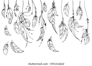 Dreamcatcher hippie decoration tattoo vector line. Boho style, beads and feathers.