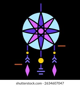 Ícone do Dreamcatcher. Item decorativo com penas e padrão de teia, simbolizando a proteção tradicional do sono e sonhos pacíficos.
