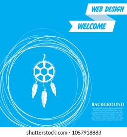 Dreamcatcher icon on a blue background with abstract circles around and place for your text. Vector illustration
