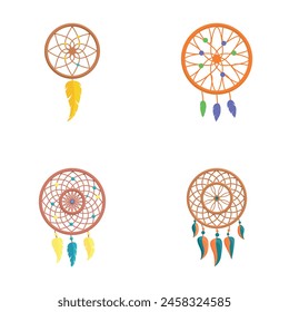 Iconos de Dreamcatcher conjunto de dibujos animados Vector. Cazador de sueños hecho de hilo y pluma. Amuleto étnico tribal