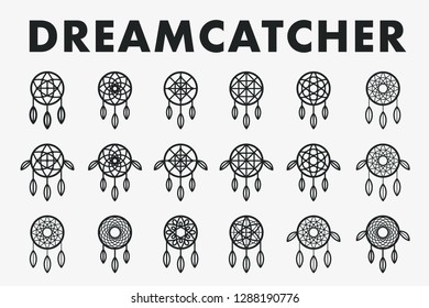 Dreamcatcher Indian Ethnic Feather Ornament. Vector Flat Line Stroke Icon Set Collection. Dream Catcher Magic Symbol. 