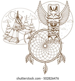 Dreamcatcher. Indians talisman. Objects of magic and traditional rites.