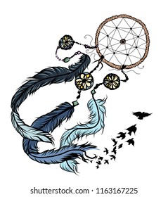 Dreamcatcher isolate vector.Amulet Dreamcatcher transform to the bird.Hand drawn and coloring book design.