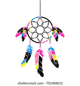 Dreamcatcher, Isolated on white background. Vector illustration. Tribal symbol with feathers. Poster, textile, t shirt, yoga mat design