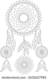 Dreamcatcher Line Art Illustration, Detailed black and white line art illustration of a traditional dreamcatcher with intricate web patterns, feathers, and beads. Perfect for coloring pages,