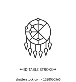 Dreamcatcher line icon. Outline drawing. Handmade willow hoop. Protective tribal amulet. Indian magic, shamanism. Boho ethnic element. Decoration. Isolated vector illustrations. Editable stroke