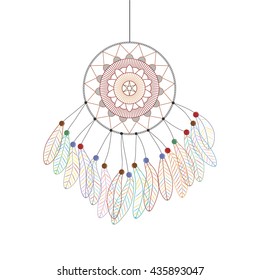 Dreamcatcher. Linear style. Boho design. Multicolored feathers. Fashion accessory. Vector illustration.