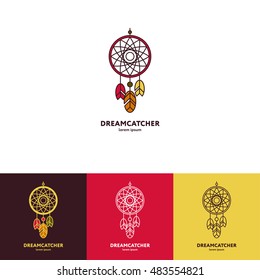 Dreamcatcher logo with feathers and beads. Four options. Logo on a light background, logo on a dark background, colorful logo and linear