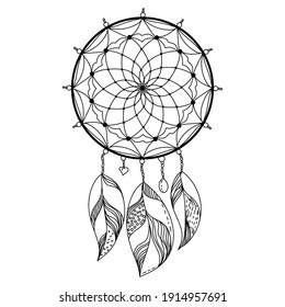 Dreamcatcher made of threads and beads with light feathers, outline coloring page or decorative element vector illustration