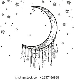 Dreamcatcher and many stars with abstract ornate patterns on isolation background. Black and white illustration