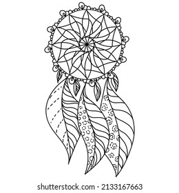 Dreamcatcher meditative coloring page, ornate mascot with light feathers vector illustration