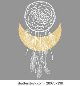 Dreamcatcher and moon on gray background. Vector hand drawn illustration