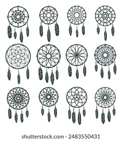 Dreamcatcher native american indian talisman minimalist set vector flat illustration. Ethnic lucky mystical mandala with feather magical spirituality folk ritual decoration different pattern