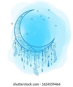Dreamcatcher on digital watercolor spot. Painted stain. Print for your design