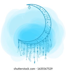 Dreamcatcher on digital watercolor spot. Painted stain. White background. Print for your design. Monotype