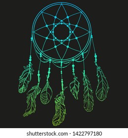 Dreamcatcher on isolated black. Hand drawn mystic symbol. Design for spiritual relaxation for adults. Line art creation