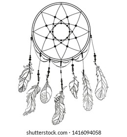 Dreamcatcher on white. Abstract mystic symbol. Design for spiritual relaxation for adults. Line art creation. Black and white illustration for coloring