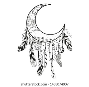 Dreamcatcher on white. Abstract mystic symbol. Design for spiritual relaxation for adults. Line art creation. Black and white illustration for coloring
