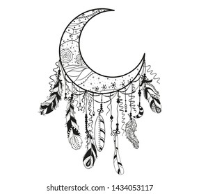 Dreamcatcher on white. Abstract mystic symbol. Design for spiritual relaxation for adults. Line art creation. Black and white illustration for coloring