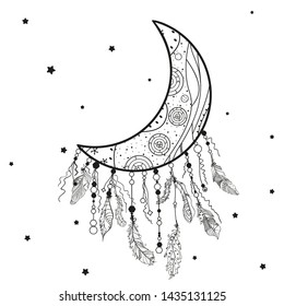 Dreamcatcher on white. Abstract mystic symbol. Design for spiritual relaxation for adults. Black and white illustration for coloring