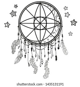 Dreamcatcher on white. Abstract mystic symbol. Design for spiritual relaxation for adults. Black and white illustration for coloring