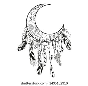 Dreamcatcher on white. Abstract mystic symbol. Design for spiritual relaxation for adults. Black and white illustration for coloring