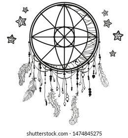 Dreamcatcher on white. Abstract mystic symbol. Design for spiritual relaxation for adults. Black and white illustration for coloring