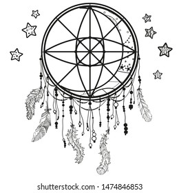 Dreamcatcher on white. Abstract mystic symbol. Design for spiritual relaxation for adults. Black and white illustration for coloring