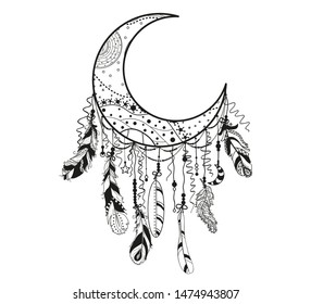 Dreamcatcher on white. Abstract mystic symbol. Design for spiritual relaxation for adults. Line art creation. Black and white illustration for coloring