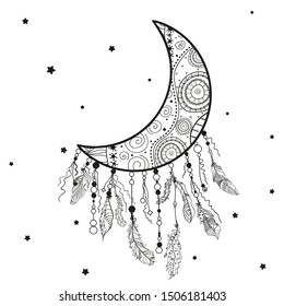 Dreamcatcher on white. Abstract mystic symbol. Design for spiritual relaxation for adults. Black and white illustration