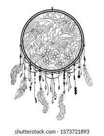 Dreamcatcher on white. Abstract mystic symbol. Design for spiritual relaxation for adults. Black and white illustration for colouring