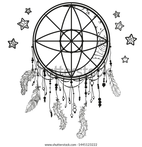 Dreamcatcher on white. Abstract mystic symbol.\
Design for spiritual relaxation for adults. Line art creation.\
Black and white illustration for\
coloring