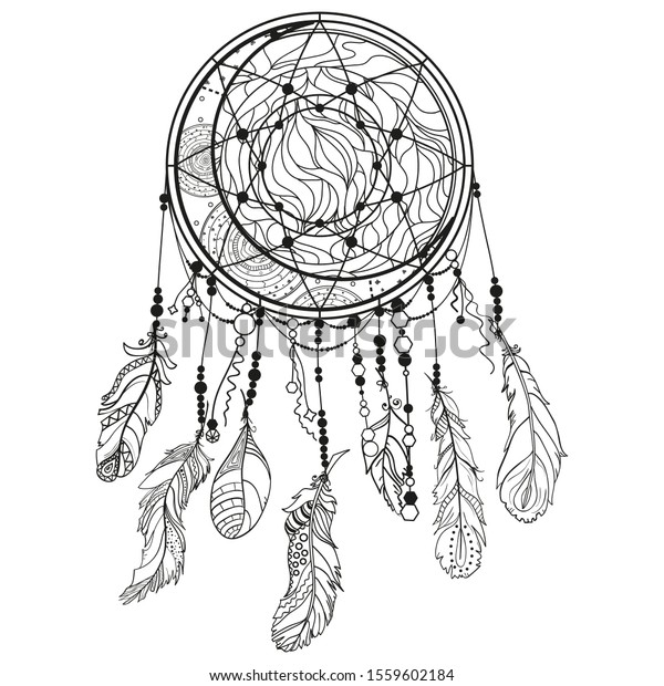 Dreamcatcher on\
white. Abstract mystic symbol. Design for spiritual relaxation for\
adults. Black and white\
illustration