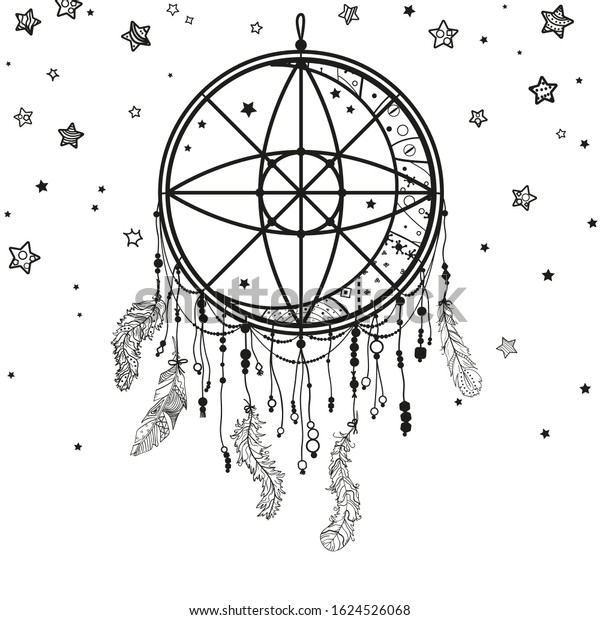 Dreamcatcher on white. Abstract mystic symbol.
Black and white illustration for
coloring