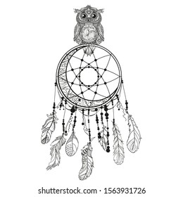 Dreamcatcher on white. Abstract owl sitting on dreamcatcher. Mystic symbol with patterned bird. Design for spiritual relaxation for adults. Black and white illustration for colouring