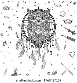 Dreamcatcher on white. Abstract owl sitting on dreamcatcher. Patterned bird. Line art creation. Black and white illustration