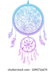 Dreamcatcher on white. Zentangle. Abstract mystic symbol. American indians symbol. Zen art. Design for spiritual relaxation for adults. Line art creation