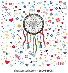 Dreamcatcher ornate with feathers. Boho style. Home interior. Sorcery, magic, ethnicity. Valentine's Day, 14 February. Cartoon vector Doodle illustration