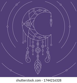 Dreamcatcher outline illustration. Boho style in vector. Mystical spiritual illustration with feathers and beads. Moon dream catcher.