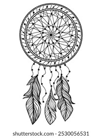 Dreamcatcher outline, página de coloração meditativa com totem simbólico com contas e penas vetor ilustração