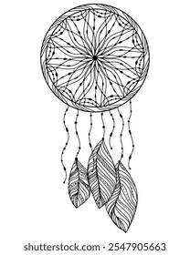 Dreamcatcher esboço, página de coloração meditativa com totem tecido com pequenas contas e penas vetor ilustração