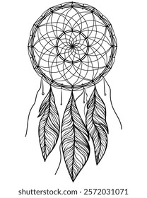 Dreamcatcher outline, meditative coloring page with braided totem with double round base and feathers