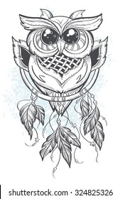 Dream-catcher outline vector illustration with owl feathers