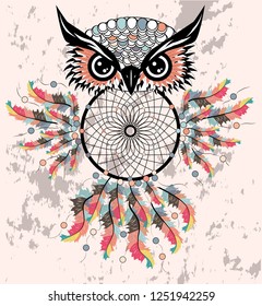 Dreamcatcher owl boho style cartoon character abstract bohemian object feathers