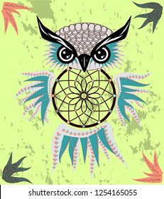 Dreamcatcher owl boho style cartoon character abstract bohemian object feathers