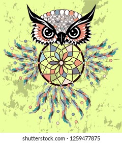 Dreamcatcher owl boho style cartoon character abstract bohemian object feathers